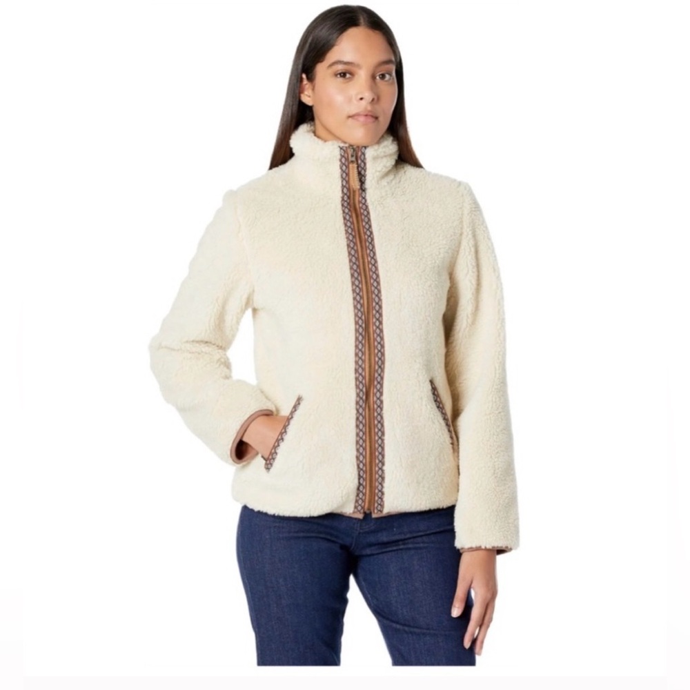 Faherty Cream Sherpa Jacket with Brown Accents